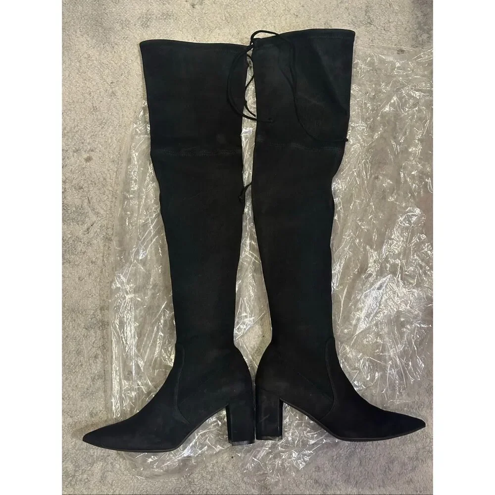 Stuart Weitzman Tieland Over The Knee Black Suede Boots Block Heel Size 6.5M